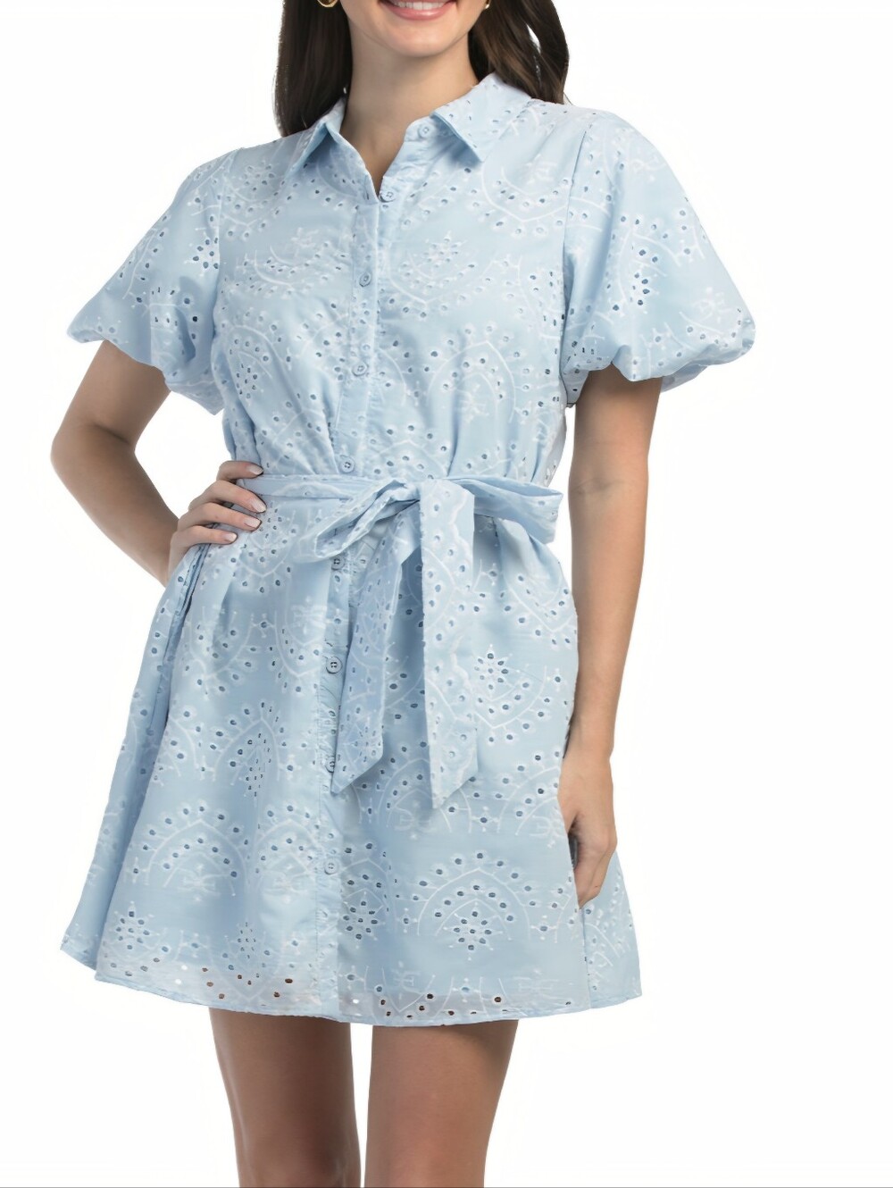 Sam Edelman Light Blue Eyelet Tie-Waist Shirt Dress